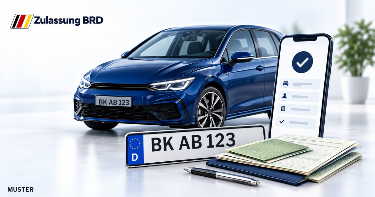 Online Fahrzeugzulassung in Rems-Murr-Kreis: Musterkennzeichen BK AB 123, Auto und Fahrzeugpapiere und Smartphone. Illustration mit Logo von Zulassung BRD.